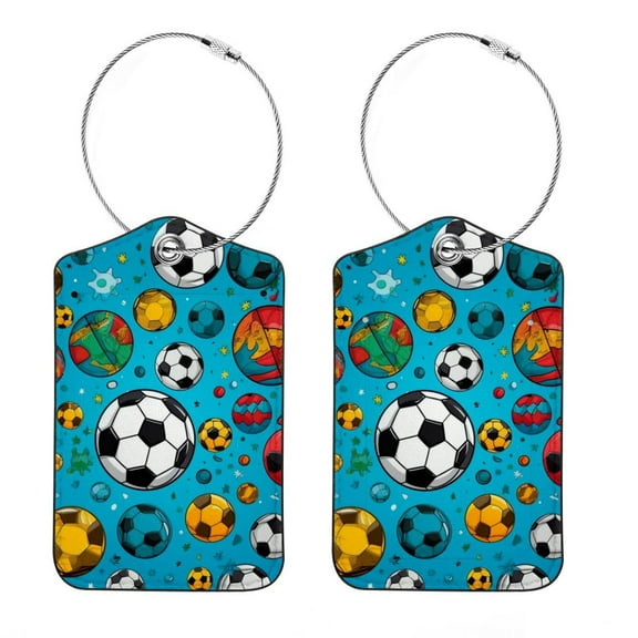 2 Pack Luggage Tag for Suitcase, Football Soccer Baggage Tag with Stainless Steel Loop Privacy Cover for Women Girls Bag Travel