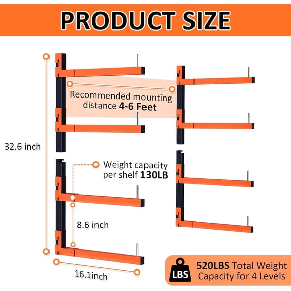 2 Pack Lumber Storage Rack, Wall Mount Removable Lumber Rack with 4-Level Holds Up 520 Lbs, Heavy Duty Metal Garage Wood Organizer for Workshop, Basement, Indoor and Outdoor (2 Pack-4 Level)