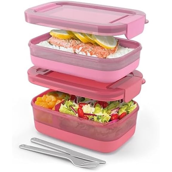 2-Pack Lunch Stack Plastic Food Storage Container Bento Box with Airtight, Leak-Proof Locking Plastic Lids and Silicone Base, BPA-Free, Freezer, Microwave, and Dishwasher Safe, Guava