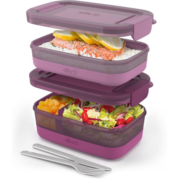 2-Pack Lunch Stack Plastic Food Storage Container Bento Box with Airtight Leak-Proof Locking Plastic Lids and Silicone Base BPA-Free Freezer Microwave and Dishwasher Safe Raspberry