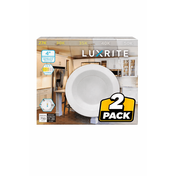 2-Pack Luxrite 4-Inch Smooth Trim Round LED Recessed Downlight Retrofit Kit (10W, 60W Equivalent, 5CCT Selectable, 750 Lumens, Dimmable, E26 Medium Base Adapter)