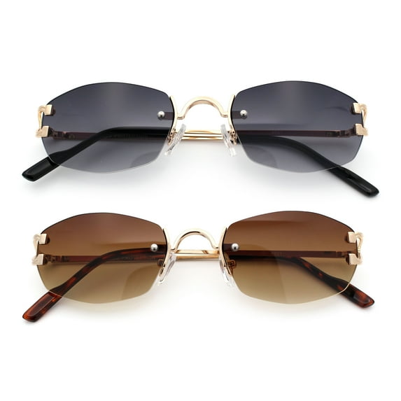 (2-Pack) Luxury Rimless OG Fancy Narrow Oval Metal Rim Hustler Fashion Sunglasses 1 Black 1 Brown