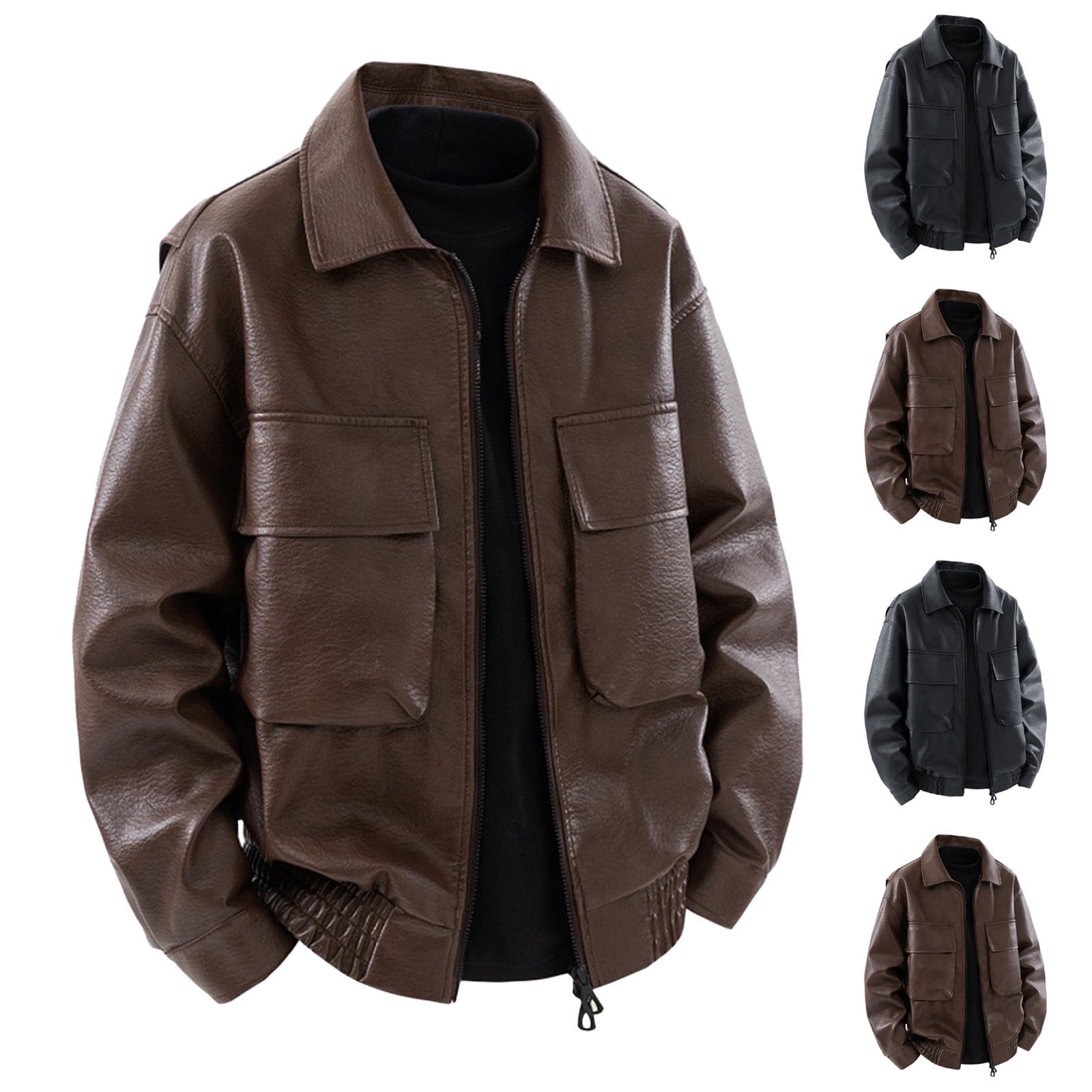 2 Pack M-4X Plus Size Leather Jackets for Men Big & Tall Zip Up Coats with Pockets and Collared Long Sleeve Solid Color Thermal Motorcycle Jacket & Coat
