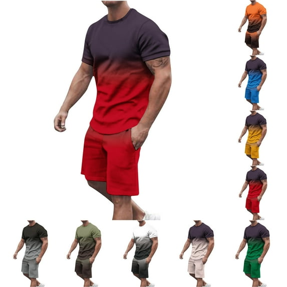 2 Pack M-5X Mens Big and Tall Outfits Sets Plus Size 2 Piece Tracksuits Short Sleeve T-Shirts and Shorts Gradient Printed Workout Suits Set