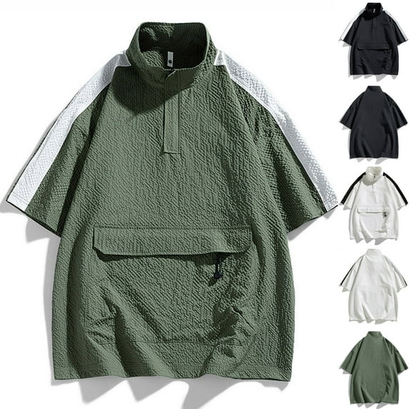 2 Pack M-5X Mens Big & Tall T-Shirts Plus Size with Pockets and Zipper Stand Collared Lightweight Short Sleeve Pullover Color-Block Tees Tops