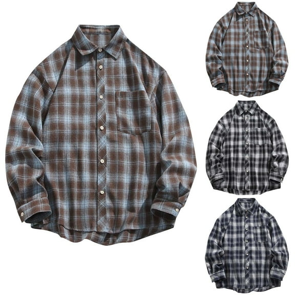 2 Pack M-5X Plus Size Mens Shirts with Pocket Big & Tall Long Sleeve Tshirts Shirt Button-Down Collared Casual Plaid Printed Vintage Shackets Tops