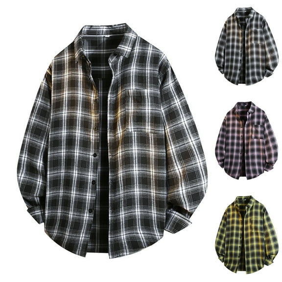 2 Pack M-5X Plus Size Shirts for Men with Pocket Long Sleeve Tshirts Shirt Button-Down Collared Casual Plaid Printed Going-Out Streetwear Shackets Tops