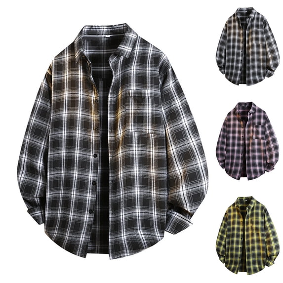 2 Pack M-5X Plus Size Shirts for Men with Pocket Long Sleeve Tshirts Shirt Button-Down Collared Casual Plaid Printed Going-Out Streetwear Shackets Tops