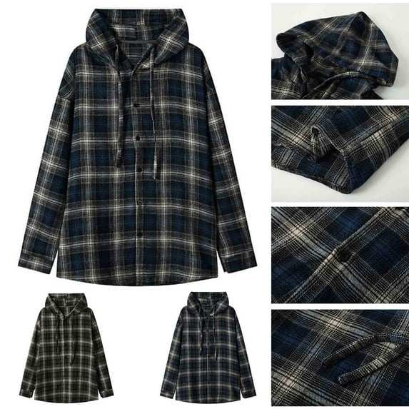 2 Pack M-5X Plus Size Shirts for Men with Hoodie Big & Tall Button-Down Hoodies Long Sleeve Vintage Plaid Printed Casual Streetwear Shackets Shirt