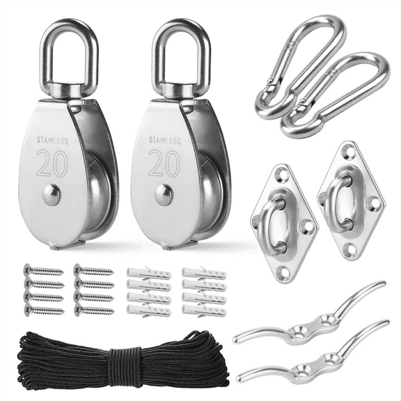 2 Pack M20 Stainless Steel Pulley System Kit-Heavy-Duty Pulley Wheel, Pulley Block with Nylon Rope, Ho