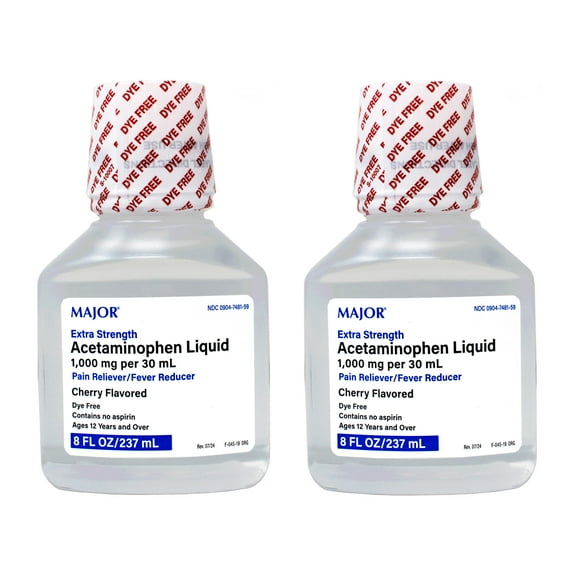 2 Pack - MAJOR Extra Strength Acetaminophen Liquid, 1000 mg per 30 mL, Pain Reliever/Fever Reducer, Cherry Flavored, Dye Free, 8 FL OZ