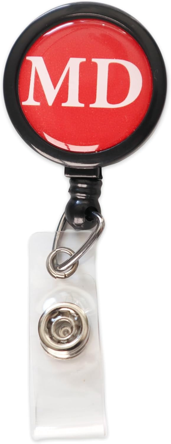 2 Pack - MD Badge Buddy Reels with Alligator Clip - Swivel Retractable Reel MD Badge Holder & Title Card in One - Medical Doctor Retractable Hospital I'd Role Dome Label by Specialist ID (Red)