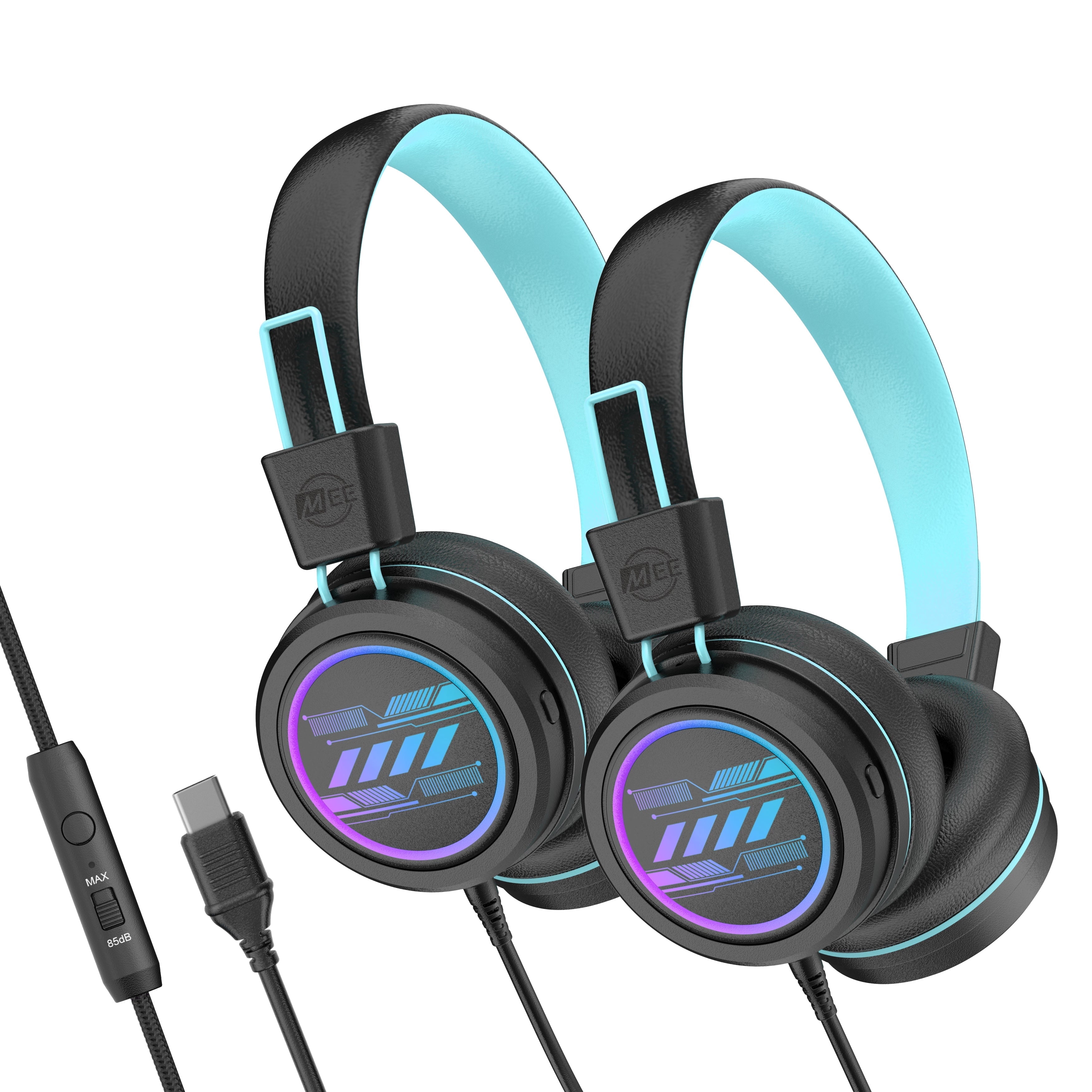 2 Pack Multicolor MEE audio KidJamz KJ55 Safe Listening USB-C Kids Headphones with LED Lights for Boys and Girls / Students / School / Library / Classroom