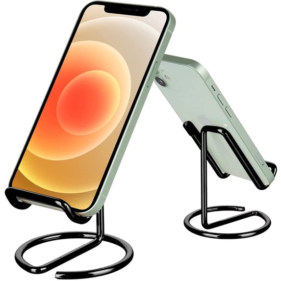 2 Pack MENKEY Cell Phone Stand for Desk, Cute Metal Black Cell Phone Stand Holder Desk Accessories, Compatible with All Mobile Phones, iPhone, Switch, iPad