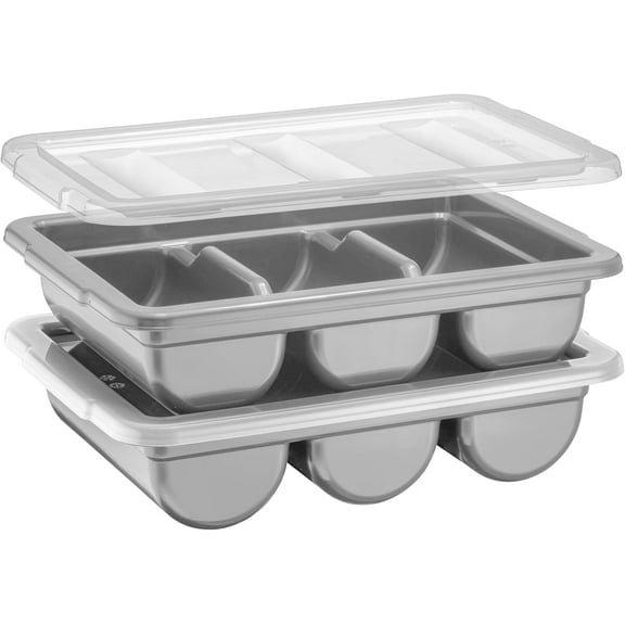 2 Pack MISSUNNY Cutlery Bin with Lid, 3-Compartment Flatware & Silverware Organizer for Restaurant, Kitchen, Condiments, Gray Plastic Storage Container