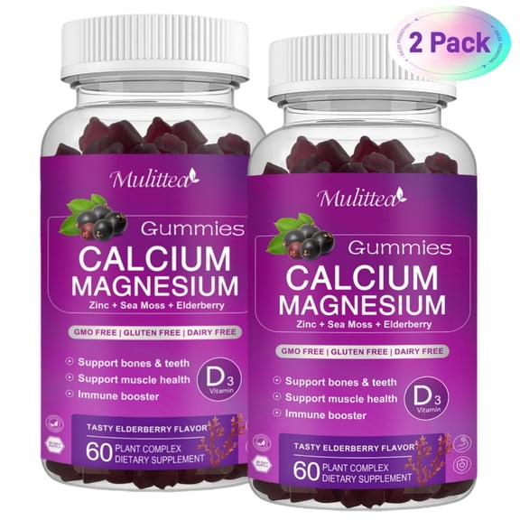 (2 Pack)Mulittea Calcium Magnesium Zinc Gummies - with Vitamin D3 & Sea Moss - Support Bone, Muscle & Immune Health - Mixed Berry - 120 Vegan Gummies