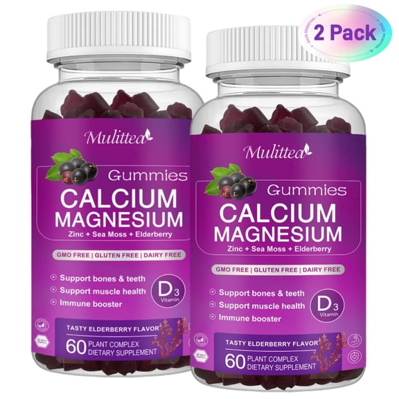 (2 Pack)Mulittea Calcium Magnesium Zinc Gummies - with Vitamin D3 & Sea Moss - Support Bone, Muscle & Immune Health - Mixed Berry - 120 Vegan Gummies