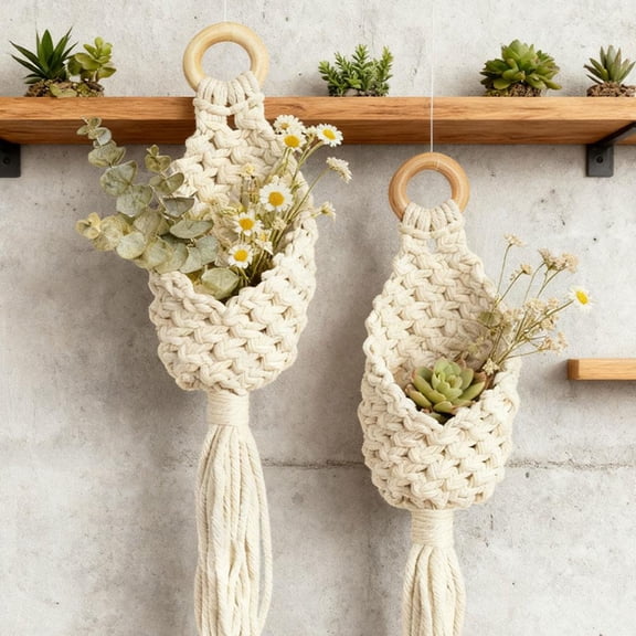 2 Pack Macrame Mini Plant Holder Hand Woven Wall Hanging Macrame Basket, Handmade Succulent Holder, Cotton Rope Hanging Planter Basket