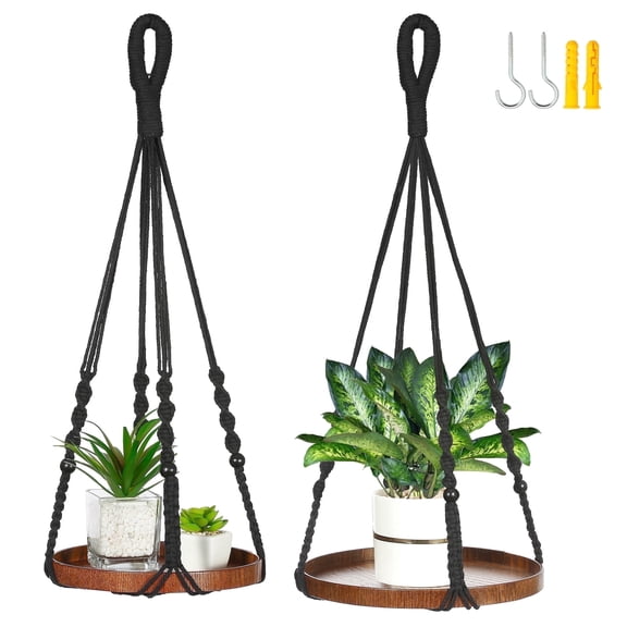 2 Pack Macrame Plant Hanger | Hanging Planters for Indoor Plant, Indoor Hanging Planter Shelf | Plant Hanger, Hanging Plant Holder, No Plant/Pot Included (Black) (1 Large+ 1 Medium)