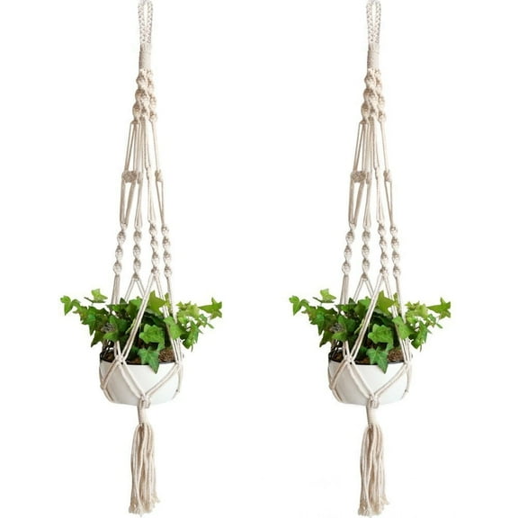 2 Pack Macrame Plant Hanger, NOGIS Cotton Rope Indoor Outdoor, 4 Legs Plant Hanger Brackets, Flower Pot Hanging Plant Holder for Home Decorations 40 Inches (White)