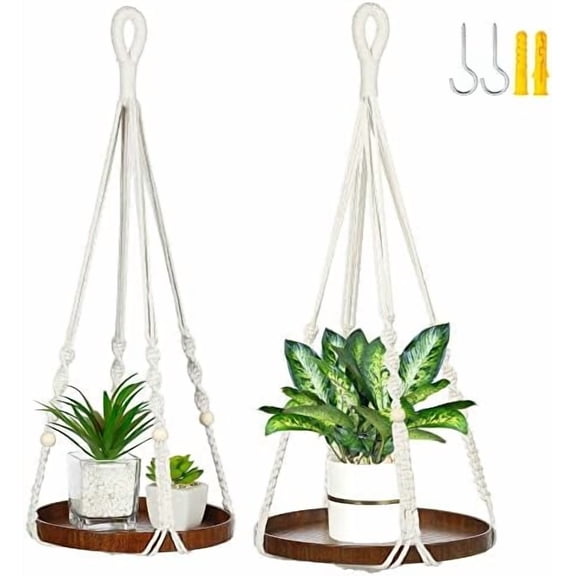 2 Pack Macrame Plant Hanger | Plant Hanger Indoor, Hanging Planter Shelf | Hanging Planter (Beige) (1 Large + 1 Medium)