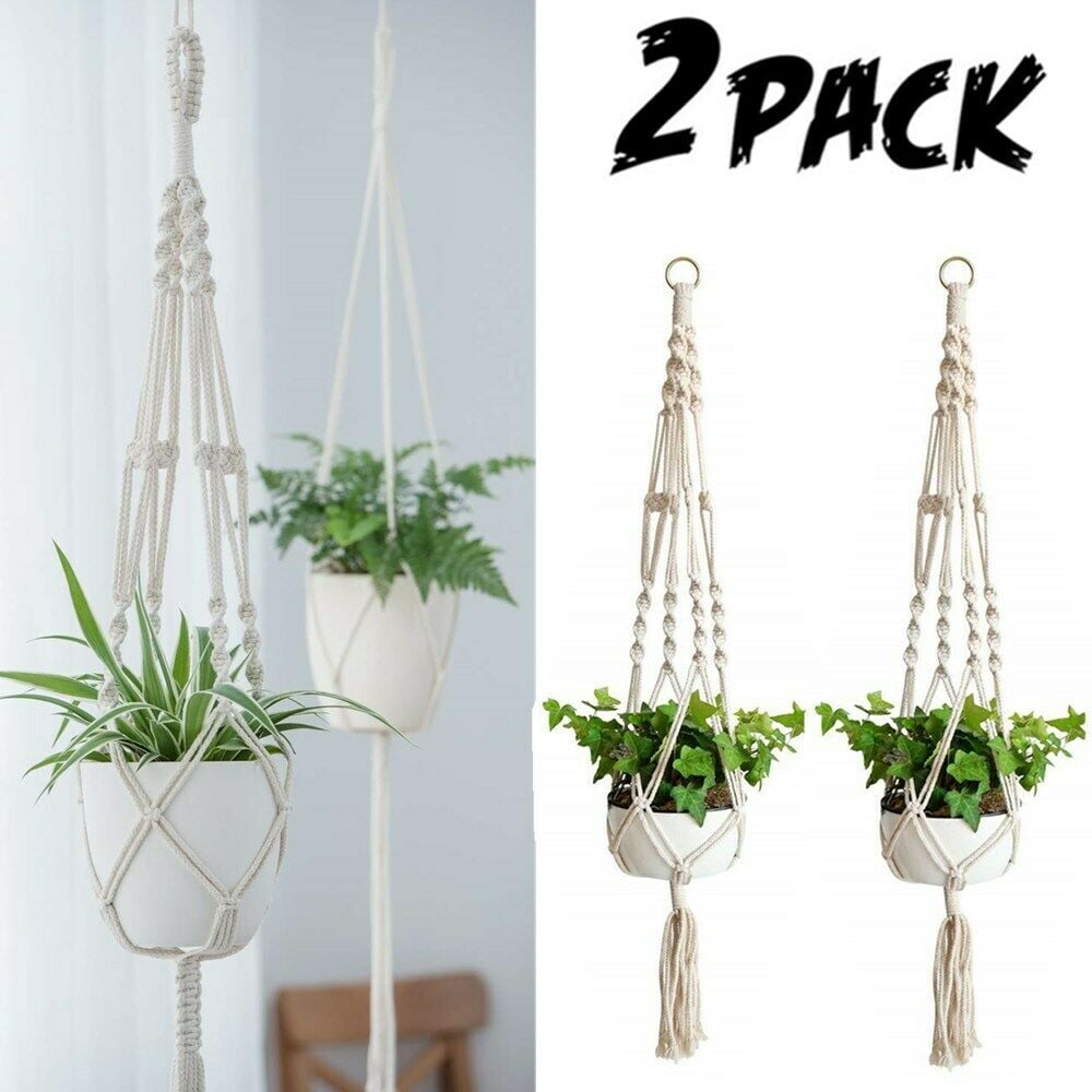 2 Pack Macrame Plant Hangers Indoor Hanging Planter Basket with Wood ...