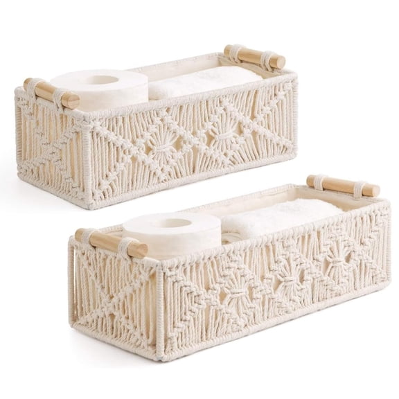 2 Pack Macrame Storage Baskets Boho Decor Basket Handmade Woven,Shelf Cabinet Organizer for Organizing,Bathroom Bedroom Livingroom Home, Ivory