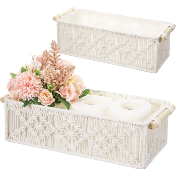 2-Pack Macrame Storage Baskets, Boho Woven Organizer with Wood Handles
