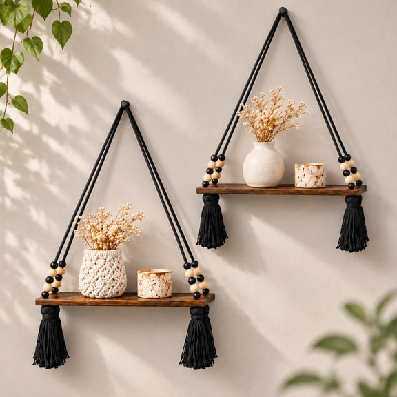 KYNARI 2 Pack Macrame Wall Hanging Shelf, Black Floating Shelves, Boho Decor Storage and Display