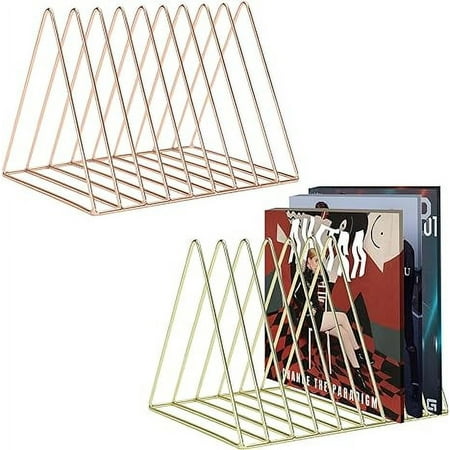 2 Pack Magazine Holders, Vinyl Record Holder, 9 Slots File Folder for Desk, Triangle Bookshelf, Desktop File Sorter, Desk Organizer for Office Home Decor (Gold, Rose Gold)