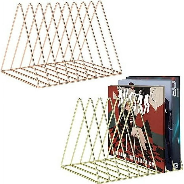 2 Pack Magazine Holders, Vinyl Record Holder, 9 Slots File Folder for Desk, Triangle Bookshelf, Desktop File Sorter, Desk Organizer for Office Home Decor (Gold, Rose Gold)