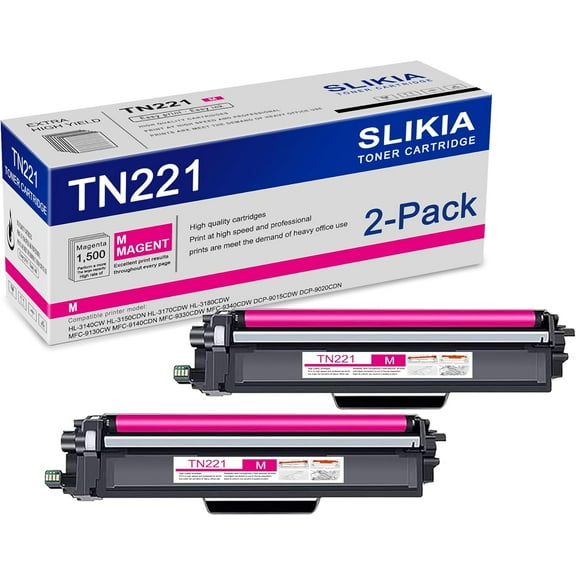 2-Pack Magenta TN221 Toner Cartridge: Compatible TN221 TN-221 Replacement for Brother HL-3140CW 3150CDN 3170CDW 3180CDW MFC-9130CW 9140CDN 9330CDW 9340CDW DCP-9015CDW 9020CDN Printer
