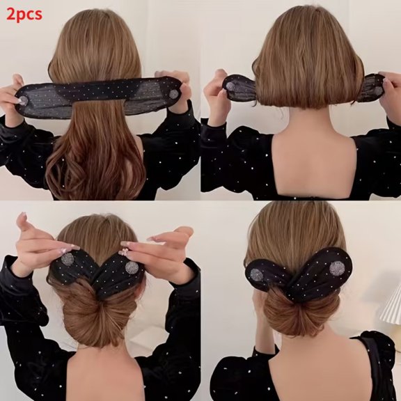 2 Pack Magic Hair Bun Maker, Sparkle Mesh Fabric Twist Hair Styling Tool, Reusable Easy Bun Shaper for Quick Updo Hairstyle, Elegant Hair Accessories for Women