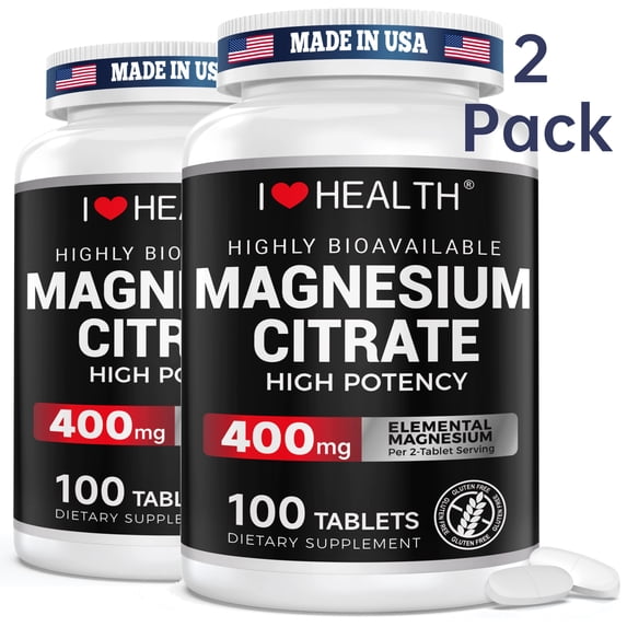 2 Pack High Absorption Magnesium Citrate 400mg Supplement Support Sleep, Muscle & Heart
