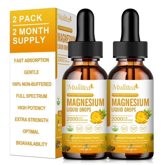 (2 PackMagnesium Complex Liquid Drop - Magnesium Glycinate, Citrate, Malate Liquid Drops for Calm, Stress Relief, Sleep, Muscle Support- Pineapple Flavor - 120ML 4 Fl Oz
