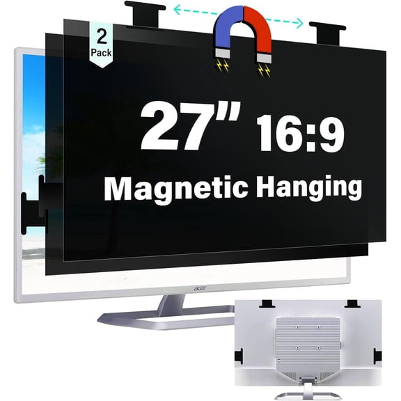 2 Pack Magnetic 27 Inch Computer Privacy Screen for 16:9 Aspect Ratio Widescreen Monitor, Hanging Eye Protection Anti Glare Blue Light Computer Monitor Privacy Filter, Removable 27 in Protector Film