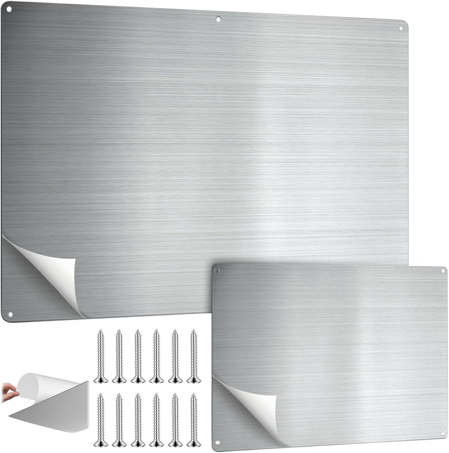 2 Pack Magnetic Board for Wall for Magnets 17.5" x 11.5" and 9.5"x 6.5" Stainless Iron Plate with Back Adhesive Mounting Screws for Bulletin Board Magnets Spice Jar Wall Fridge Display