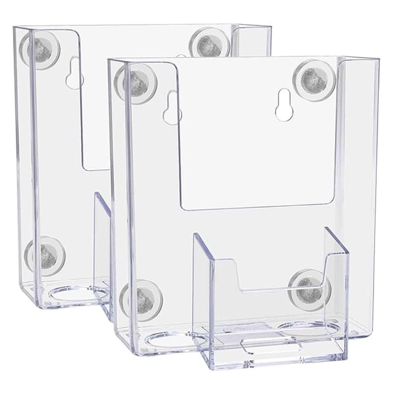 2 Pack Magnetic Brochure Holder for 4 Inch Wide Trifolds Metal Mount Caddy with 2" x 3.5" Vertical Business Cards Clear Acrylic Display for Offices Stores and Restaurants