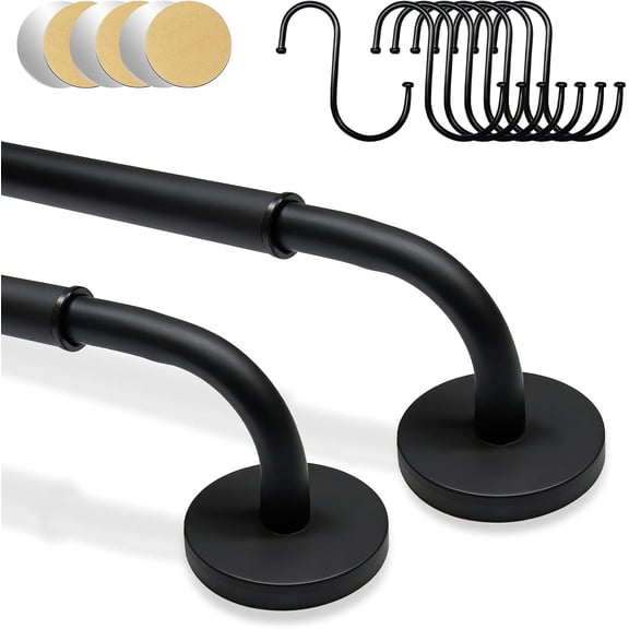 2 Pack Magnetic Curtain Rod for Metal Door, Adjustable 16 to 30 Inch, 1/2 Inch Diameter, French Door Rods with Hooks (Black)