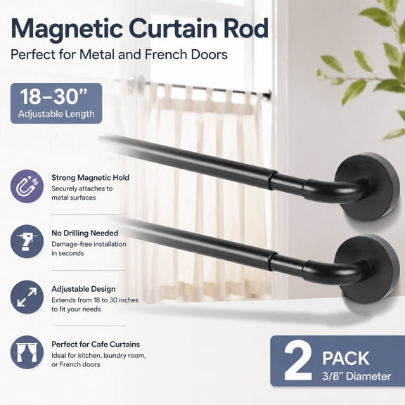 2 Pack Magnetic Curtain Rod for Metal French Doors, Adjustable 18-30 Inch, 3/8 in. Diameter, Black Magnetic Cafe Rods for Home Decor