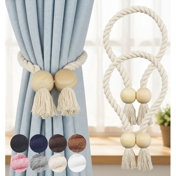 2 Pack Magnetic Curtain Tiebacks Cotton Hand Woven Tie Back Decorative Rope Holdbacks for Curtains Draperies No Tools Required, Beige