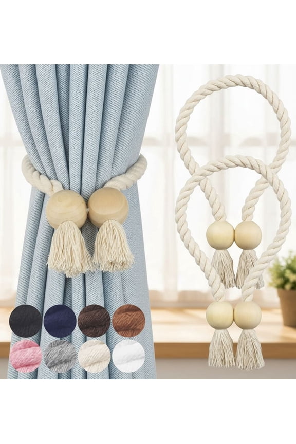 2 Pack Magnetic Curtain Tiebacks Cotton Hand Woven Tie Back Decorative Rope Holdbacks for Curtains Draperies No Tools Required, Beige