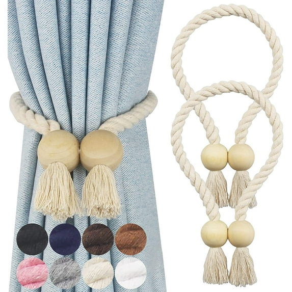 2 Pack Magnetic Curtain Tiebacks Cotton Hand Woven Tie Back Decorative Rope Holdbacks for Curtains Draperies No Tools Required, Beige