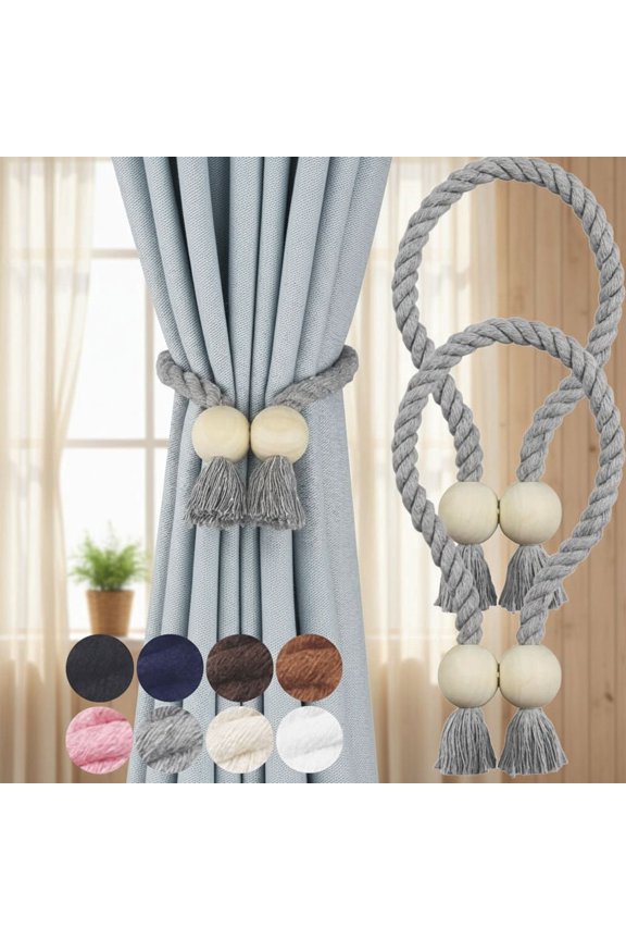 2 Pack Magnetic Curtain Tiebacks Cotton Hand Woven Tie Back Decorative Rope Holdbacks for Curtains Draperies No Tools Required, Grey