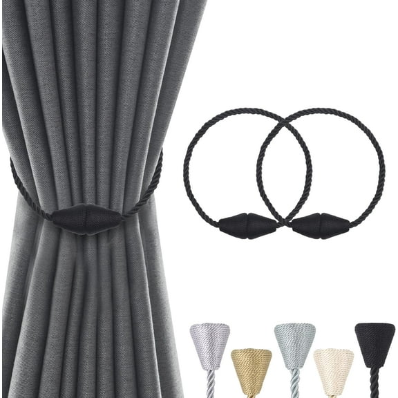 2 Pack Magnetic Curtain Tiebacks Curtain Holdbacks Curtain Ties Curtain Pull Backs Modern Rope Tiebacks Drapery Holdbacks Tie Backs for Curtains (Black,Cone-2 PCS)