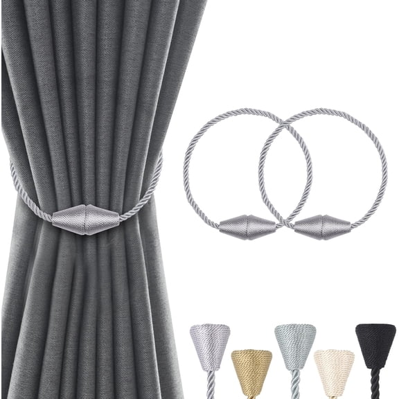 2 Pack Magnetic Curtain Tiebacks Curtain Holdbacks Curtain Ties Curtain Pull Backs Modern Rope Tiebacks Drapery Holdbacks Tie Backs for Curtains (Grey,Cone-2 PCS)