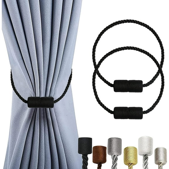 2 Pack Magnetic Curtain Tiebacks Curtain Holdbacks Curtain Ties Outdoor Curtain Tiebacks Modern Rope Tiebacks Drapery Holdbacks Tie Backs for Curtains (Black, 2)