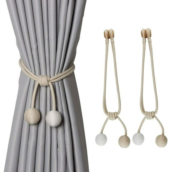 2 Pack Magnetic Curtain Tiebacks Modern Simple Curtain Holdbacks with Double Color Wooden Ball Curtain Ties for Home Office-22 Inch -Beige+White