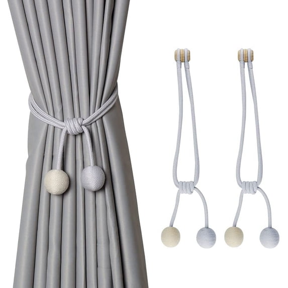 2 Pack Magnetic Curtain Tiebacks Modern Simple Curtain Holdbacks with Double Color Wooden Ball Curtain Ties for Home Office-22 Inch -Light Grey+Beige
