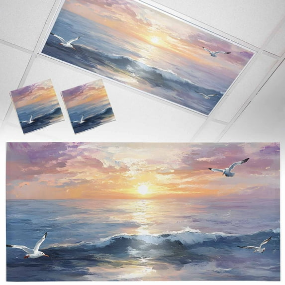 2 Pack Magnetic Fluorescent Light Covers, 2x4 Ft,Colorful Sunset Ocean Seagull Cloudy Sky Oil Painting Magnetic Light Covers for Ceiling Lights Classroom Office Home Decor